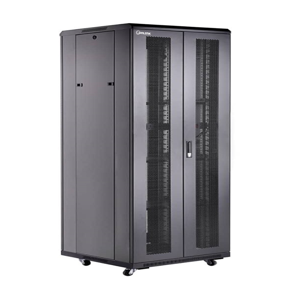 RACK DE PISO CERRADO ONLINK 32U 600x800x1609mm CON PUERTA FRONTAL DE VIDRIO Y DOBLE PUERTA TRASERA DE MALLA