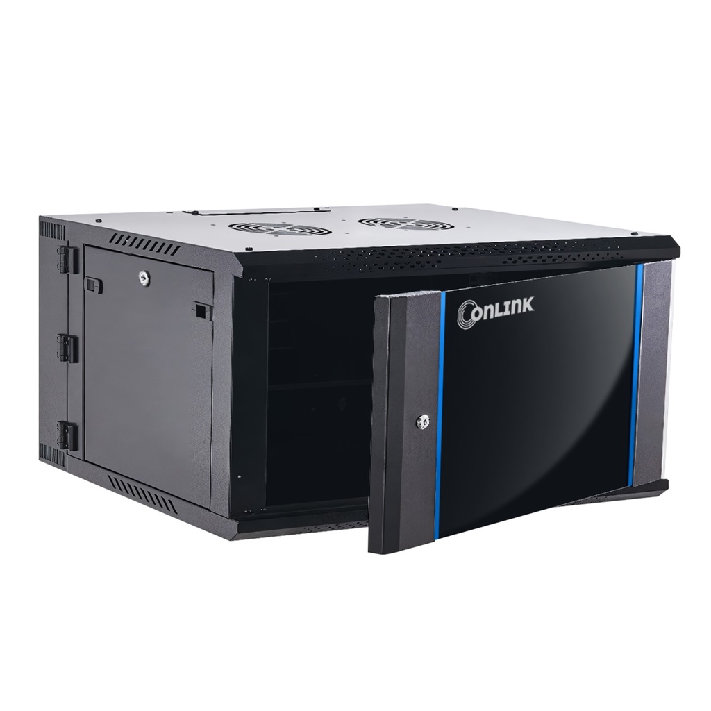 RACK DE PARED CERRADO ABATIBLE 4U 600x550x280mm CON PUERTA DE VIDRIO (INCLUYE 3 CERRADURAS) WMG6504-550