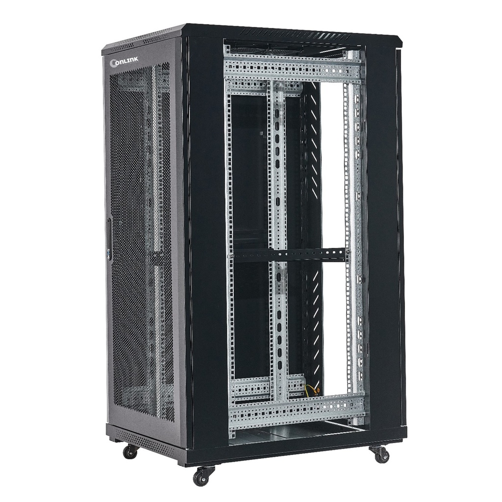 RACK DE PISO CERRADO ONLINK 27U PUERTA FRONTAL DE VIDRIO Y DOBLE PUERTA TRASERA DE MALLA 600x800x1387mm