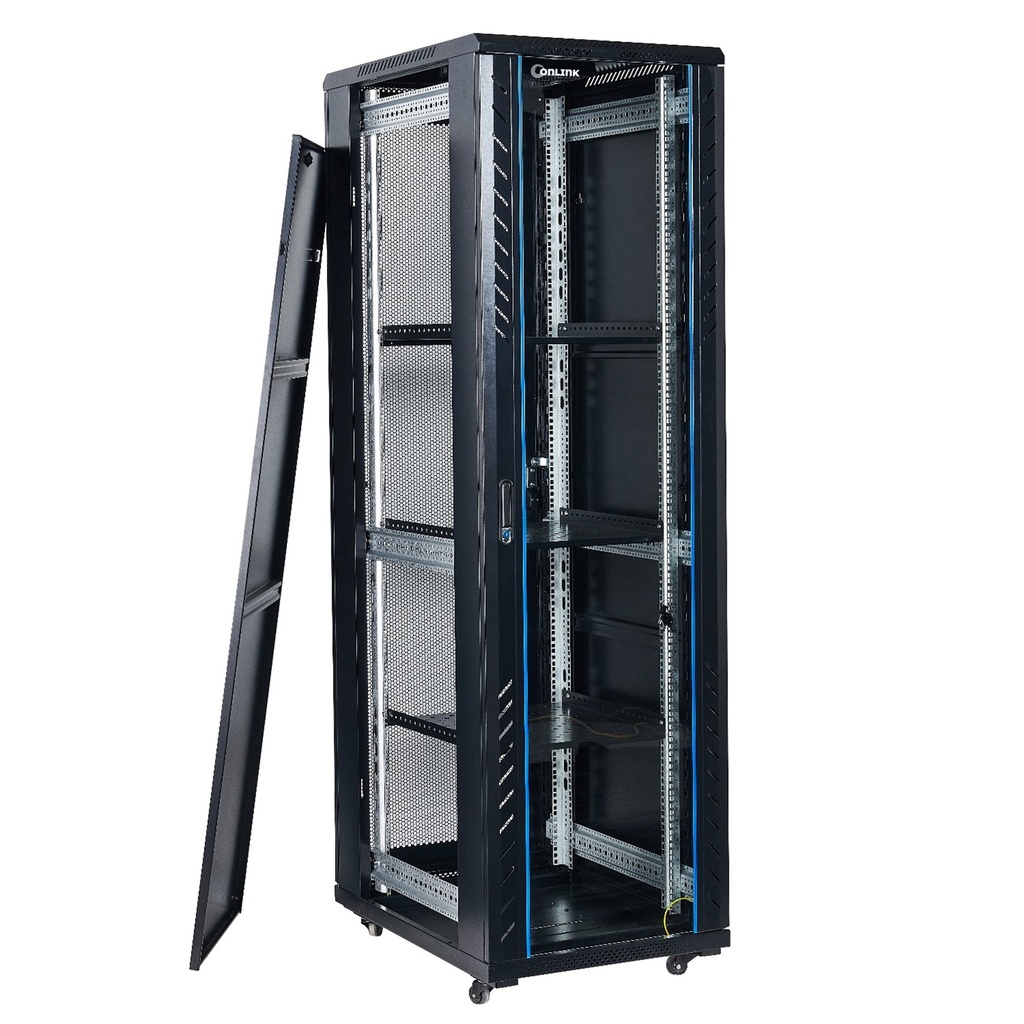 RACK DE PISO CERRADO ONLINK 42U 600x800x2054mm CON PUERTA FRONTAL DE MALLA Y DOBLE PUERTA TRASERA DE MALLA A36842-MDM/