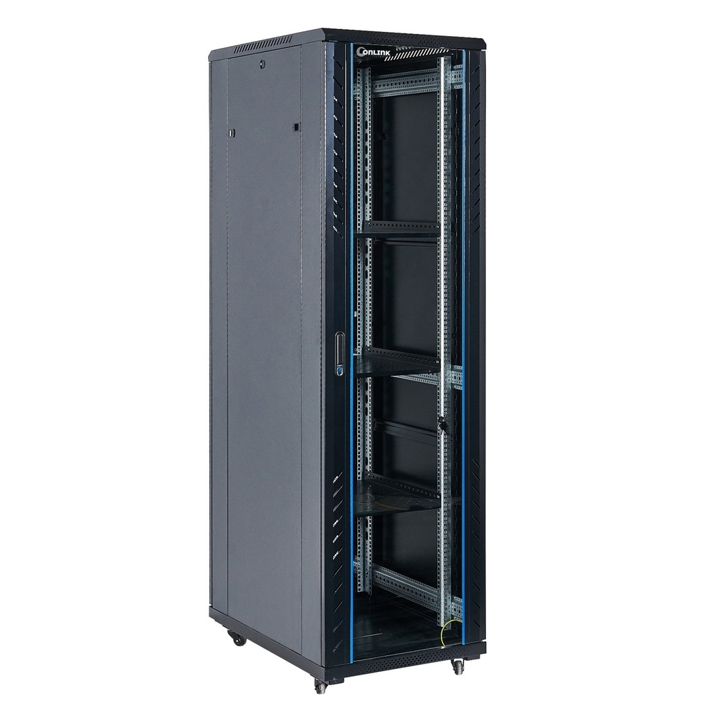 RACK DE PISO CERRADO ONLINK 42U 600x800x2054mm CON PUERTA FRONTAL DE VIDRIO Y DOBLE PUERTA TRASERA DE MALLA AS6842/VDM/