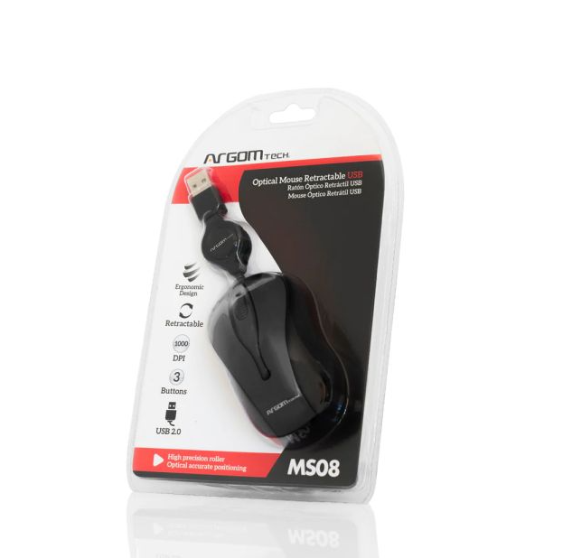 MOUSE ARGOM MS08/RETRACTABLE/ 1000DPI/ 3 BOTONES USB ARG-MS-0008BK