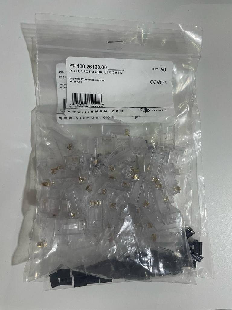 COBRE RJ45 CAT6 NEGRO 8 POSICIONES P6U-8-8 PARA CABLE UTP 23A26AWG CHAPADO EN ORO 50und BOLSITA 50Und