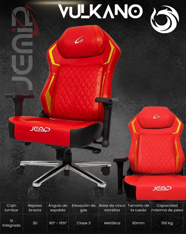 SILLA JEMIP GAMING VULKANO JPC-2394 AJUSTE DE INCLINACION 90GRADOS Y ALTURA/ REPOSA BRAZOS ROJO-AMARILLO