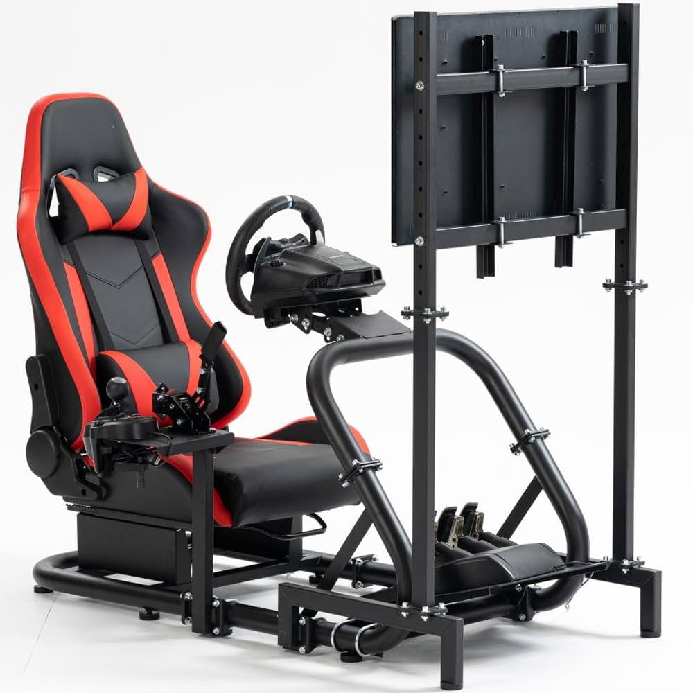 SIMULADOR LEADERTECH SIMRACING CON SOPORTE PARA MONITOR HASTA 45" FYS CH-163 ROJO
