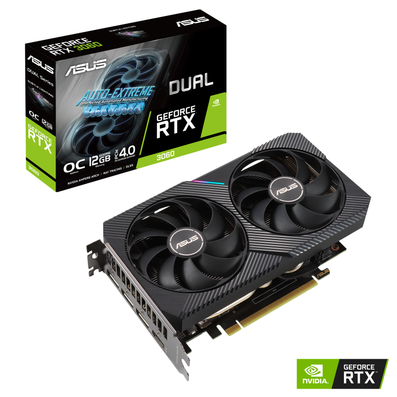 TARJETA DE VIDEO ASUS GEFORCE DUAL RTX3060 V2 12GB/GDDR6 192BIT 90YVOGB2-M0AA00 1867MHz 650W HDMI-DP