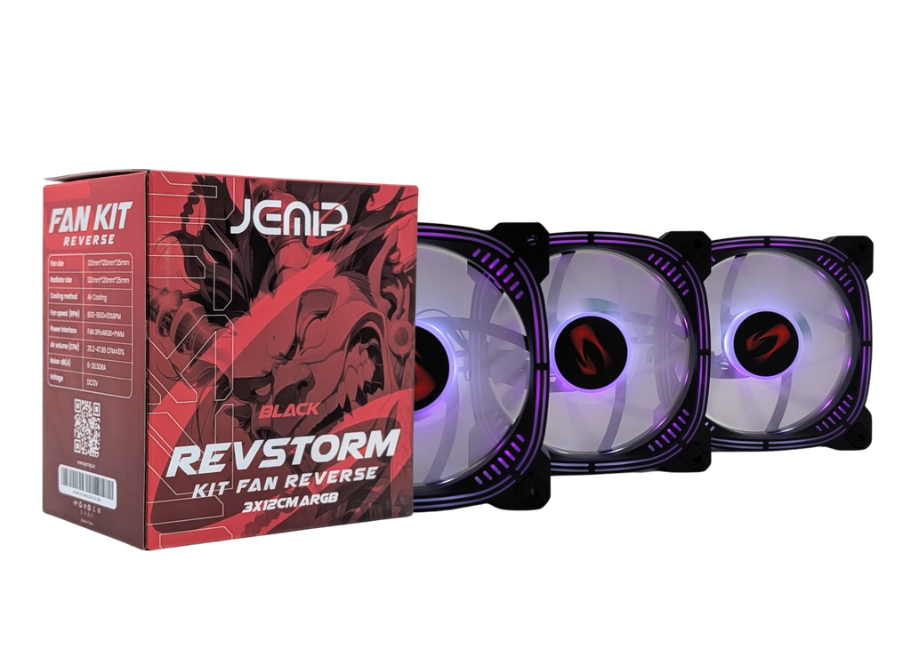 VENTILADOR JEMIP REVSTORM KIT 3 EN 1 FAN REVERSE ARGB+PWM 1600RPM 3x12CM NEGRO