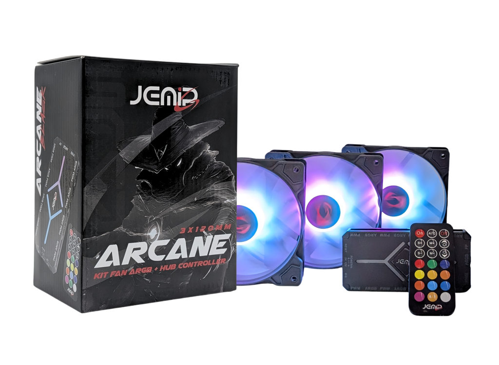VENTILADOR JEMIP ARCANE KIT 3 EN 1+HUB+CONTROL REMOTO/ARGB+PWM/1600RPM/3x12CM NEGRO