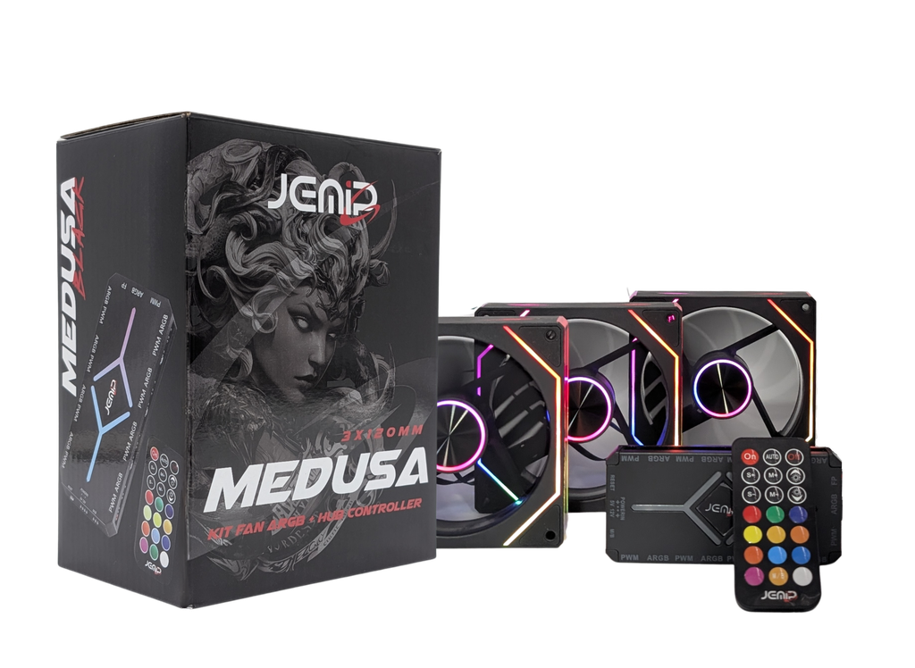 VENTILADOR JEMIP MEDUSA KIT 3 EN 1+HUB+CONTROL REMOTO/ARGB+PWM/1600RPM/3x12CM NEGRO