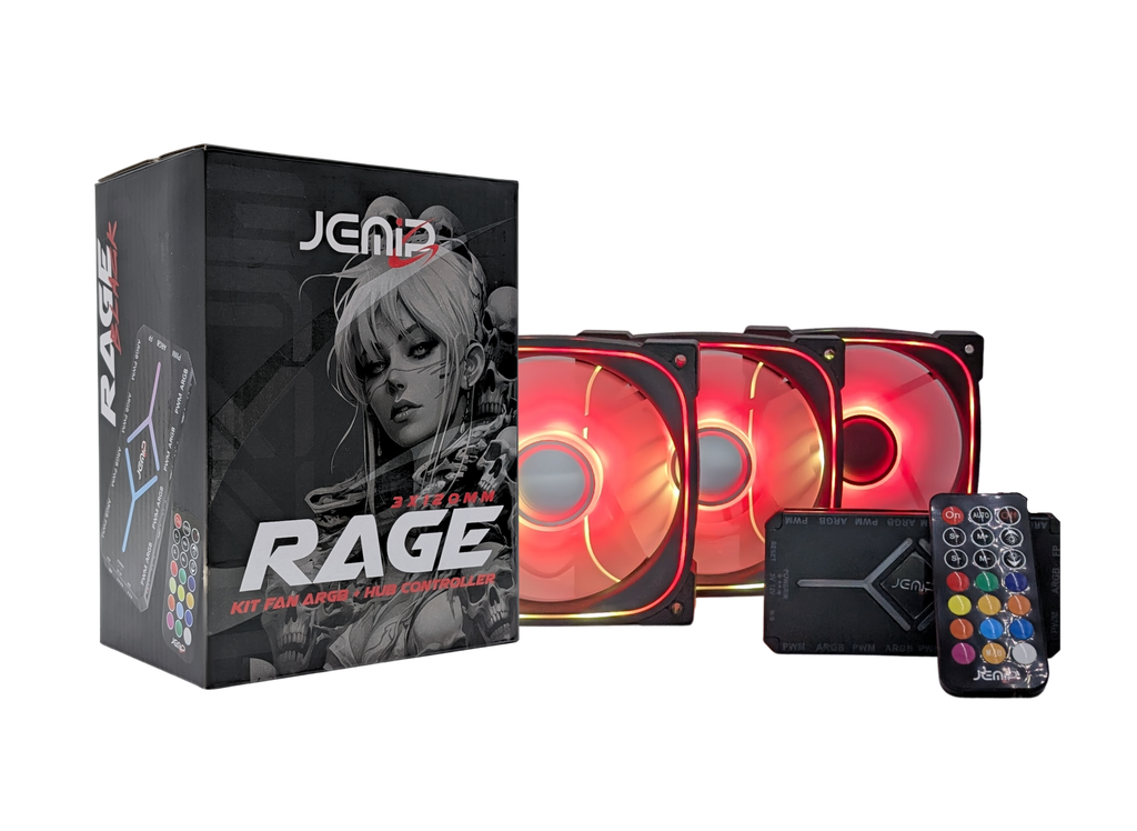 VENTILADOR JEMIP RAGE KIT 3 EN 1+HUB+CONTROL REMOTO/ARGB+PWM/1600RPM/3x12CM NEGRO