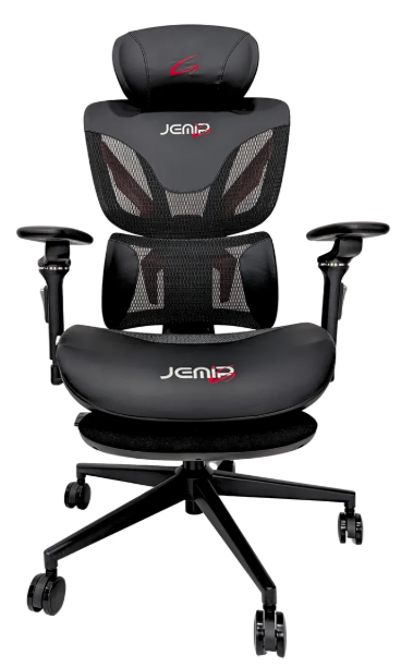 SILLA JEMIP GAMING BLACK BOLT BASE METALICA RECLINABLE REPOSABRAZOS 5D MALLA PREMIUM-SEMI SINTETICO NEGRO 